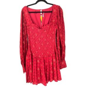 Free People Two Faces Mini Dress Red Floral Smocked‎ Long Sleeve Sweetheart S